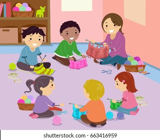 Illustration of Stickman Kids and Teacher in Circle Knitting Towels on the Floor