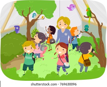 Illustration of of Stickman Kids with Teacher Exploring Aviary with Full of Plants and Birds