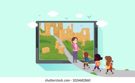 Illustration Of Stickman Kids And Teacher Going Inside A Tablet Computer To A Ruins. Virtual Travel