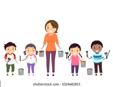 Illustration of Stickman Kids with Teacher Holding Paint Brush and Paints