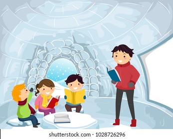 Illustration of Stickman Kids and Teacher Learning Inside an Igloo Classroom