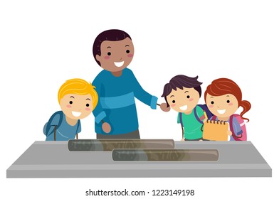 Illustration of Stickman Kids with Teacher Looking at Sediment Samples for Oceanography