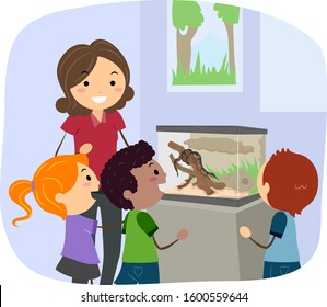 Illustration of Stickman Kids and Teacher Looking at a Reptile Terrarium with a Snake Inside