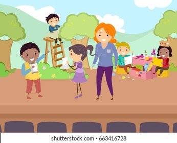 Illustration Of Stickman Kids And Teacher On Stage For A Show Rehearsal