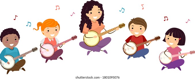 Illustration of Stickman Kids with Teacher Playing Banjo During Music Class