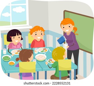 Illustration of Stickman Kids with Teacher Preparing Food on Table Inside School Classroom
