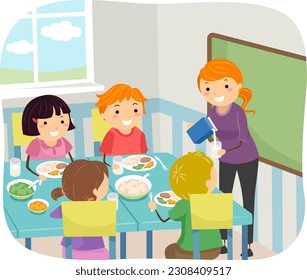 Illustration of Stickman Kids with Teacher Preparing Food on Table Inside School Classroom