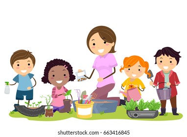 Illustration of Stickman Kids and Teacher Recycling Things for the Garden