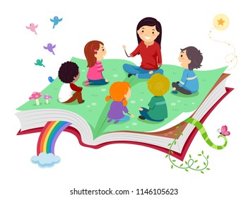 Illustration Of Stickman Kids With Teacher Telling Story On Top Of An Open Book