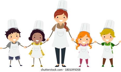 Illustration of Stickman Kids with Teacher Wearing Chef Hat and Apron for Cooking Class