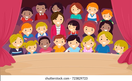 Illustration of Stickman Kids and Their Family in the Audience Watching a Show