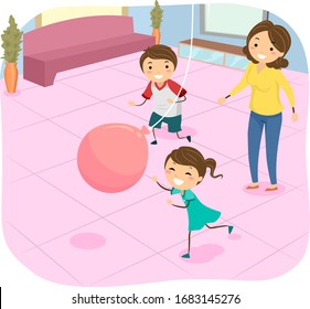 Illustration of Stickman Kids and their Mother Playing with a Big Balloon on String, an Indoor Activity