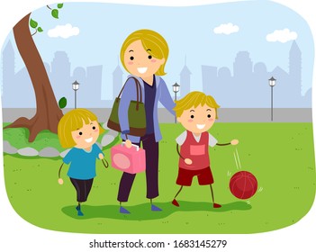 Illustration of Stickman Kids with their Mother Outdoors for a Physical Activity Homeschooling