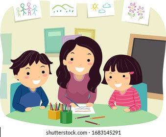 Illustration of Stickman Kids and their Mother Brainstorming During their Homeschooling Schedule