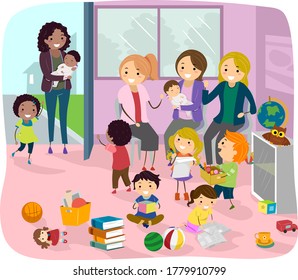 Illustration of Stickman Kids with their Mother in a Mom and Baby Play Group