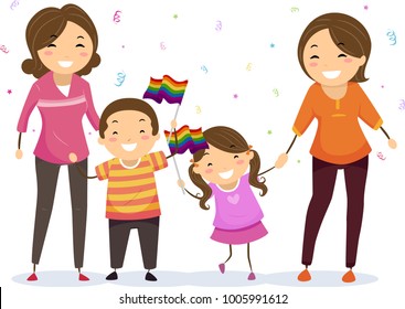 Illustration of Stickman Kids with their Mothers Holding LGBT Flags