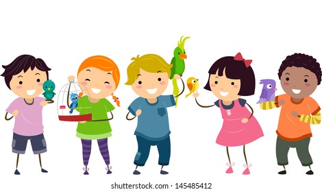 Illustration of Stickman Kids with their Pet Birds