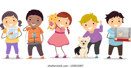 Illustration Of Stickman Kids With Their Pets