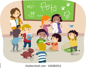 Illustration of Stickman Kids with their Pets in Classroom