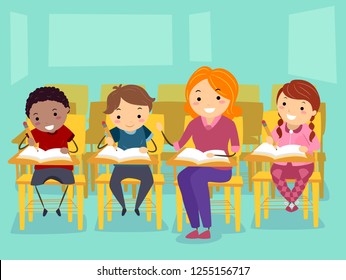Illustration of Stickman Kids with their Teacher Tutoring Them After Class