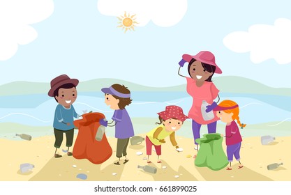 Illustration Of Stickman Kids With Their Teacher Doing Coastal Clean Up