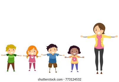 Illustration of Stickman Kids and their Teacher with Arms Up Sideward or Sideways