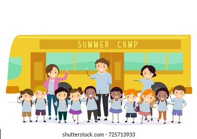 Illustration of Stickman Kids with their Teachers Ready for their Summer Camp