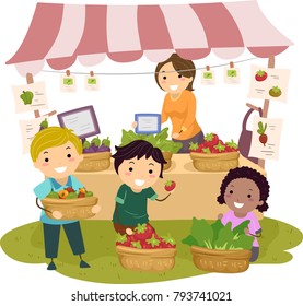 Illustration of Stickman Kids with their Teaching Manning their Stall in the Farmers Market