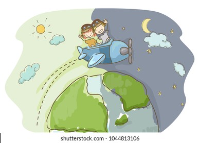 Illustration of Stickman Kids Travelling the World via Airplane From Day to Night