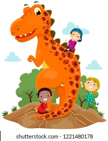 Illustration of Stickman Kids with a Tyrannosaurus Rex with the Alphabet on Its Skin