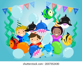 Illustration of Stickman Kids in an Underwater Theme Birthday Celebration with Fish Balloons