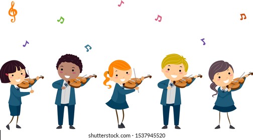 Illustration of Stickman Kids In Uniform Performing and Playing Violin