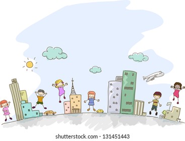 Illustration of Stickman Kids in an Urban Scene