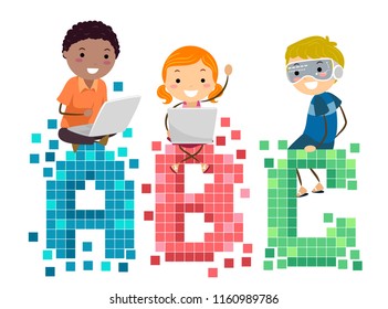 Illustration of Stickman Kids Using Computer Sitting on top ABC Pixel Arts
