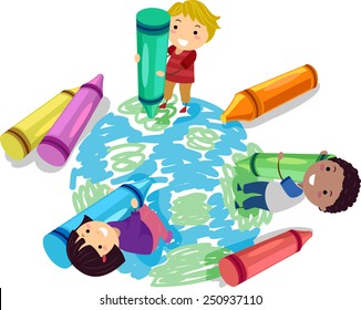 Illustration of Stickman Kids Using Crayons to Draw a Globe