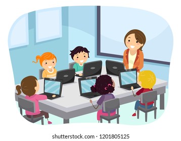 Illustration of Stickman Kids Using Laptop in Class with Teacher