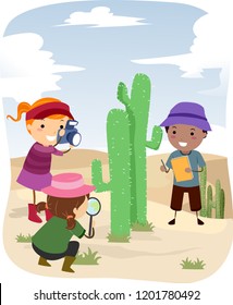 Illustration of Stickman Kids Using Magnifying Glass and Taking Photos and Notes, Observing a Cactus Plant at the Desert