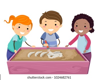 Illustration of Stickman Kids Using a Sensory Table and Brushing a Dinosaur Fossil