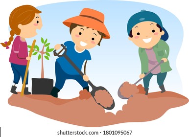 Illustration of Stickman Kids Using Shovel to Dig Soil