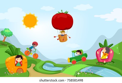 Illustration von Stickman-Kindern in einem vegetativen Fantasy-Land