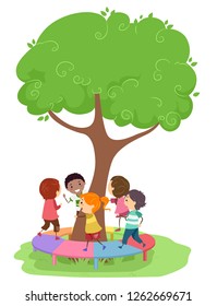 Illustration of Stickman Kids Walking Around a Tree Walking on a Tree Bridge at the Playground