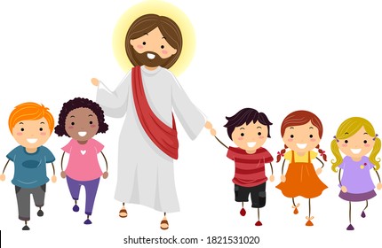 Illustration of Stickman Kids Walking Forward with Jesus Christ