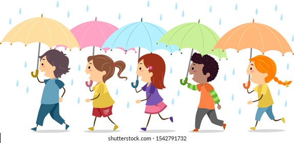 Illustration of Stickman Kids Walking Holding an Umbrella Under the Rain