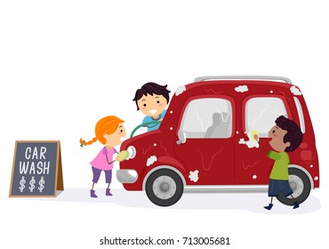 Illustration Of Stickman Kids Washing A Car To Earn Money