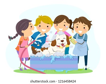 Illustration of Stickman Kids Washing their Dog on Tub, Holding Soap and Hose