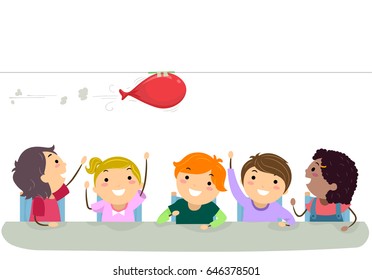 An Illustration of Stickman Kids Watching a Balloon Rocket Experiment Go