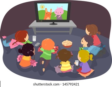 Illustration Stickman Kids Watching Cartoons