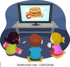 Illustration of Stickman Kids Watching a Commercial About Junk Foods on Television