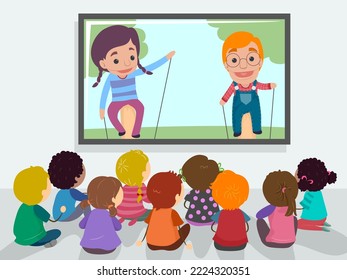 Ilustración de niños de Stickman viendo títeres a mano en televisión