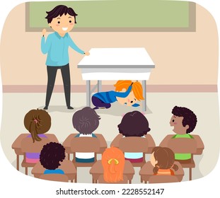 Ilustración de niños de Stickman viendo a un profesor y a un niño cubriéndose bajo una mesa mostrando la tala de un terremoto en clase